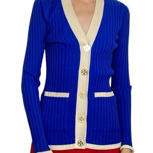 Tory Burch Royal Blue Ribbed Cardigan with Cream Trim - Small